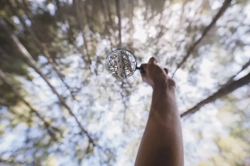 Hand hält eine Lupe in die Höhe, durch die ein Teil der Umgebung scharf erscheint – Bild für Fokus, Wahrnehmung und Klärung in der psychologischen Arbeit